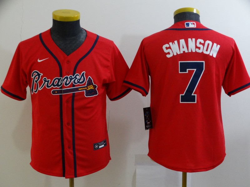 2021 Youth Atlanta Braves 7 Swanson Red Nike Game MLB Jerseys